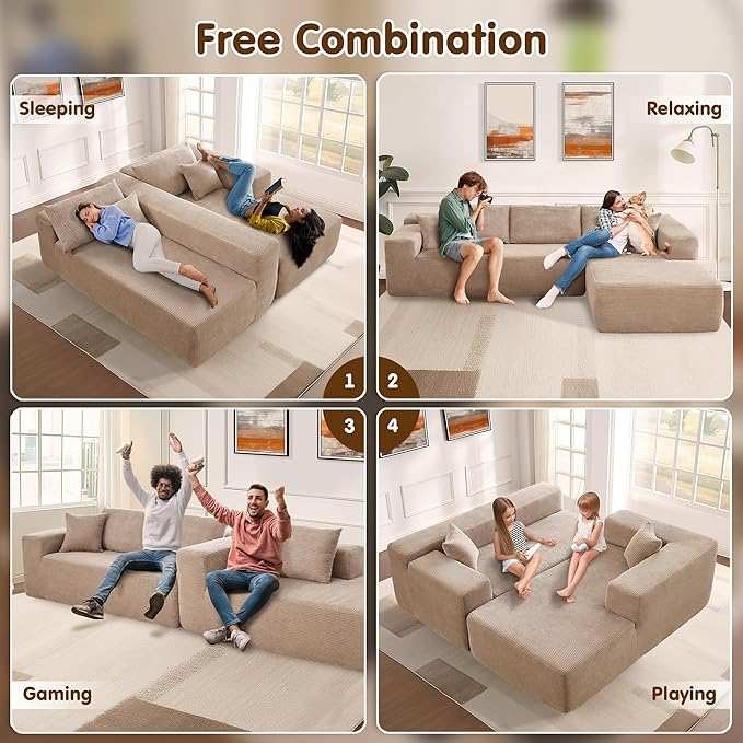 ovios 104" Cloud Sectional Couch with L-Shape Chaise,Modern Modular Sofa with Deep Seat, Upholstered Couches for Living Room Bedroom,No Assembly Required, Camel (Corduroy Fabric)-Ruum Studio Home
