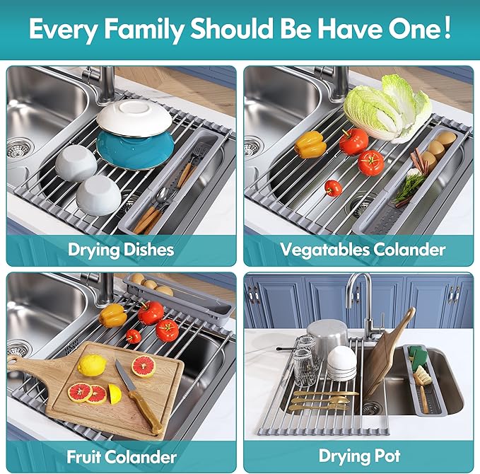 Roll Up Dish Drying Rack, Expandable (12.8"-23.8" D x 12.8" W) Stainless Steel Portable Drainer for Kitchen Sink Counter, Foldable Over The Sink Cover with Removable Utensil Holder-Ruum Studio Home