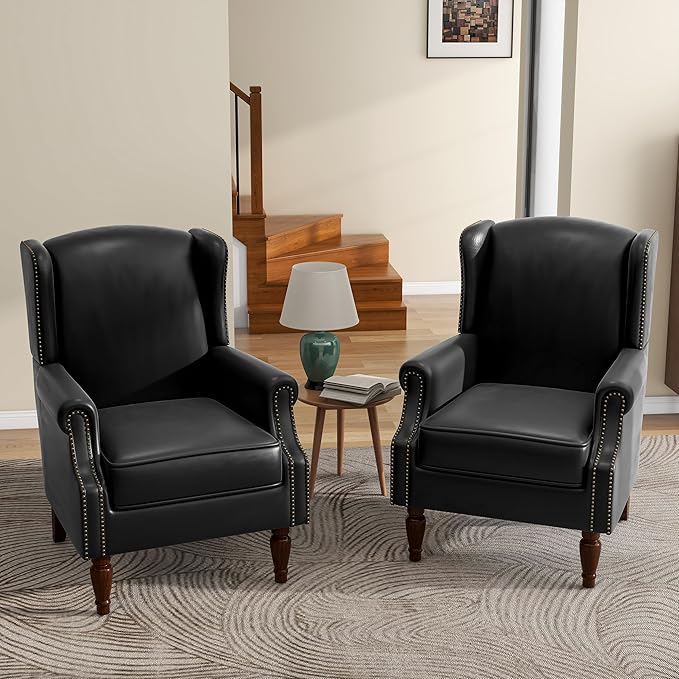 UIXE Faux Leather High Back Accent Chairs Set of 2, Upholstered Armchair for Living Room, Retro Wingback Arm Chair Nailhead Trim Single Sofa Bedroom Reading Seat with Solid Wood Legs - Black-Ruum Studio Home