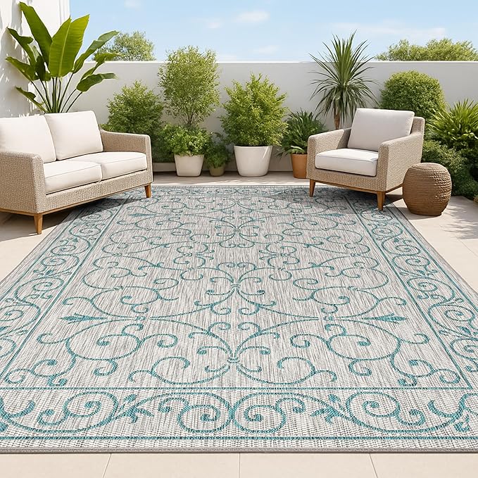 JONATHAN Y Vintage Filigree Indoor Outdoor Area Rug 6X9 Gray/Teal, Charleston Textured Weave for Backyard, Patio, Porch, Easy-Cleaning, High Traffic, Pet-Friendly, Non-Shedding (SMB106E-6)-Ruum Studio Home