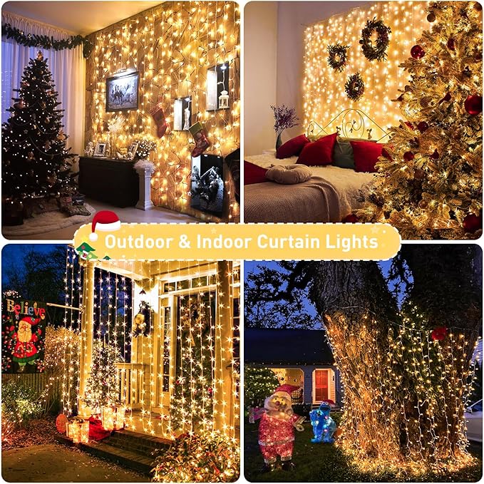 JMEXSUSS 900 LED Outdoor Christmas Curtain Lights, 9.5x29.5ft Christmas Lights Plug in with Remote, Twinkle Hanging String Light for Bedroom Wall Wedding Backdrop Window Gazebo Decor, Warm White-Ruum Studio Home