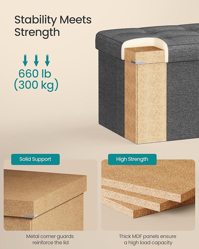 SONGMICS MAZIE Collection - 30 Inches Folding Storage Ottoman Bench, Ottoman Foot Rest, End of Bed Bench, Storage Chest, Load 660 lb, for Living Room, Bedroom, Entryway, Dark Gray ULSF47K-Ruum Studio Home