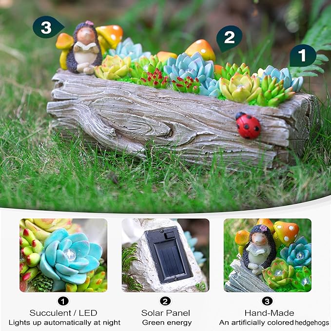 Garden Solar Figurine Light - Stump Succulent Solar Light Outdoor, Solar Powered Lighting Outside Decorations Yard Art Lawn Ornaments for Porch Patio Balcony - Succulent Gifts for Women Mom-Ruum Studio Home
