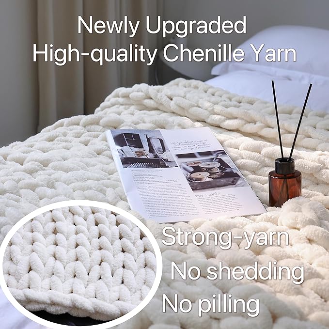 Maetoow Chenille Chunky Knit Blanket Throw （82×86 Inch）, Handmade Warm & Cozy Blanket Couch, Bed, Home Decor, Soft Breathable Fleece Banket, Christmas Thick and Giant Yarn Throws, Cream-Ruum Studio Home