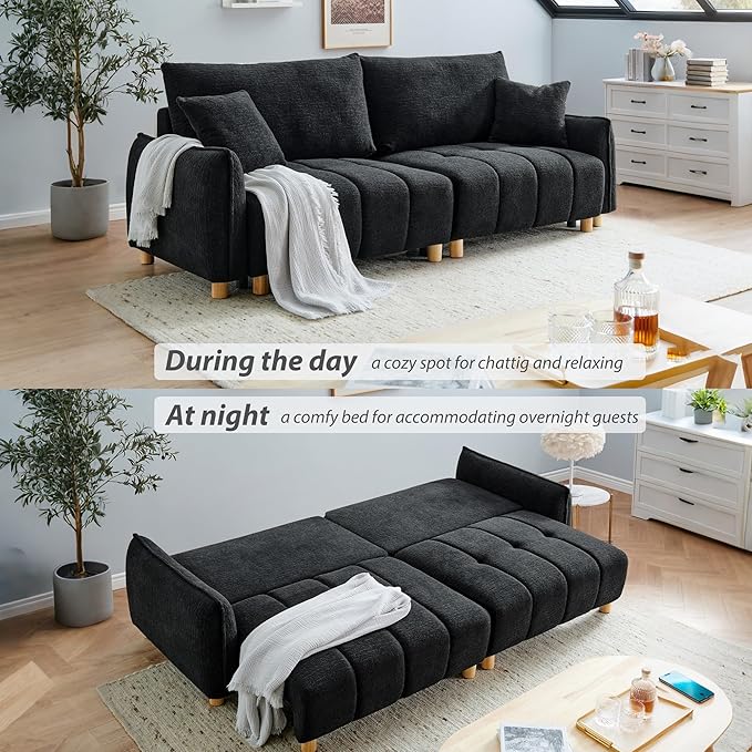 Convertible Sofa Bed, 90" Full Size Sleeper Sofa with Storage, Tufted Chenille 3 Seat Sofa Couches for Living Room, Small Spaces, Guest Room, Apartment, Black-Ruum Studio Home