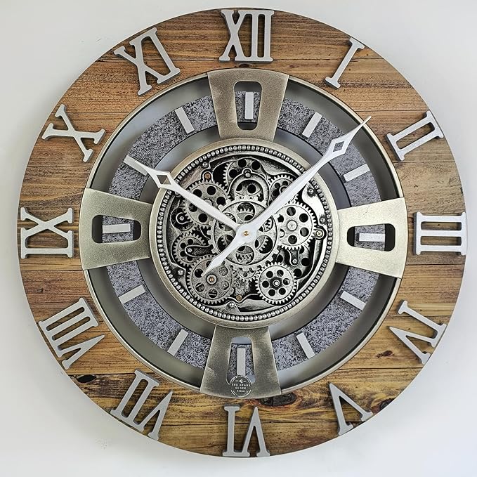 The Gears Clock Real Moving Gear Wall Clock England Line (Wood & Stone, 24 inches (60 cm))-Ruum Studio Home