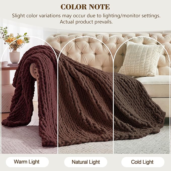 Carriediosa Chunky Knit Throw Blanket 50" X 60", 100% Hand Made Large Chenille Loop Yarn Soft Fluffy Throws for Couch Sofa Bed, Big Crochet Cozy Heavy Thick Cable Woven Blanket, Cocoa Brown-Ruum Studio Home