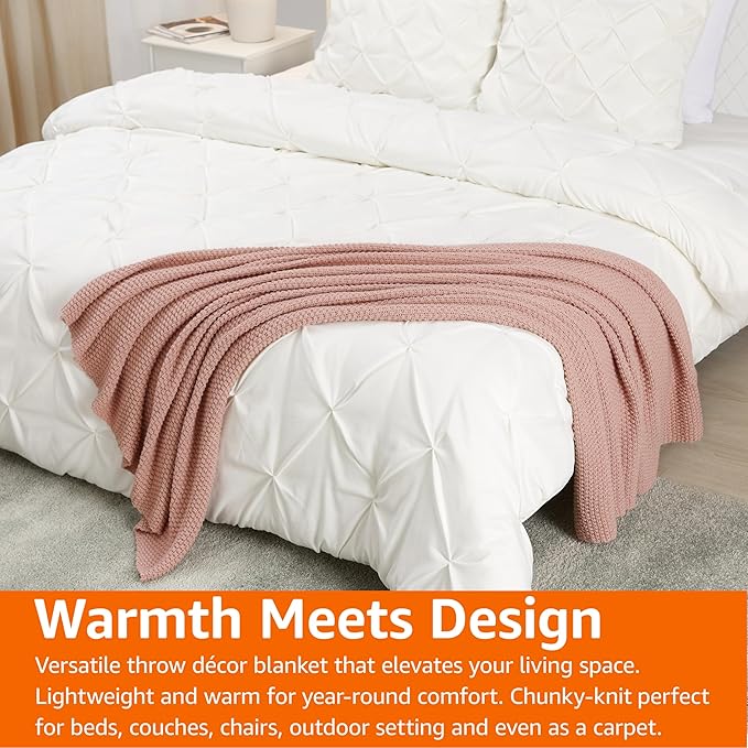Amazon Basics Chunky Cable Knit Throw Blanket for Couch, Sofa, Bed, Lightweight Soft Cozy, Dusty Rose, 50"x 60"-Ruum Studio Home