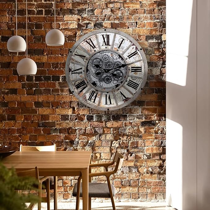 Unique Moving Gear Large Wall Clock 21inch-Battery Powered. Retro Industrial Steampunk Country Farmhouse Decor for The Living Room Kitchen Bars cafes Offices(whith/metal/21)-Ruum Studio Home