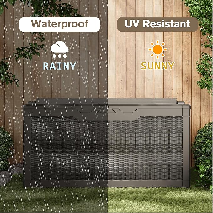 JUMMICO 100 Gallon Resin Deck Box with Cushion, Waterproof Outdoor Storage Box with Lockable Lid for Garden Tools, Patio Cushions (Light Brown)-Ruum Studio Home