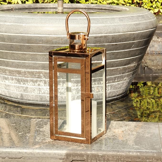 TRIROCKS Stainless Steel Decorative Lantern 12'' High Metal Candle Holder with Clear Glass Panels Perfect for Home Decor Living Room Parties Events Tabletop Indoors Outdoors (Rose Gold)-Ruum Studio Home
