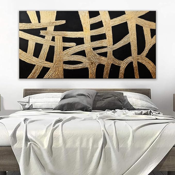 Abstract Wall Art Paintings Wall Decor Large Canvas Wall Art Decor Black And Gold Lines Texture Wall Art Artwork Modern Minimalist Wall Art Living Room For Room Bedroom Office Wall Decor 29"X58"-Ruum Studio Home