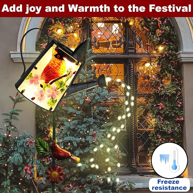Garden Solar Lights Outdoor, Metal Watering Can Garden Stake Lights Cardinal Bird Decor Glass Art for Walkway, Pathway, Yard, Lawn-Ruum Studio Home