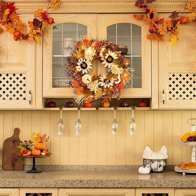 Fall Wreaths for Front Door Decor - Walasis 20 Inch Thanksgiving Wreath with Maple Leaves White Pumpkin Daisy Sunflower Wreath Autumn Harvest Decorations for Table Front Porch-Ruum Studio Home