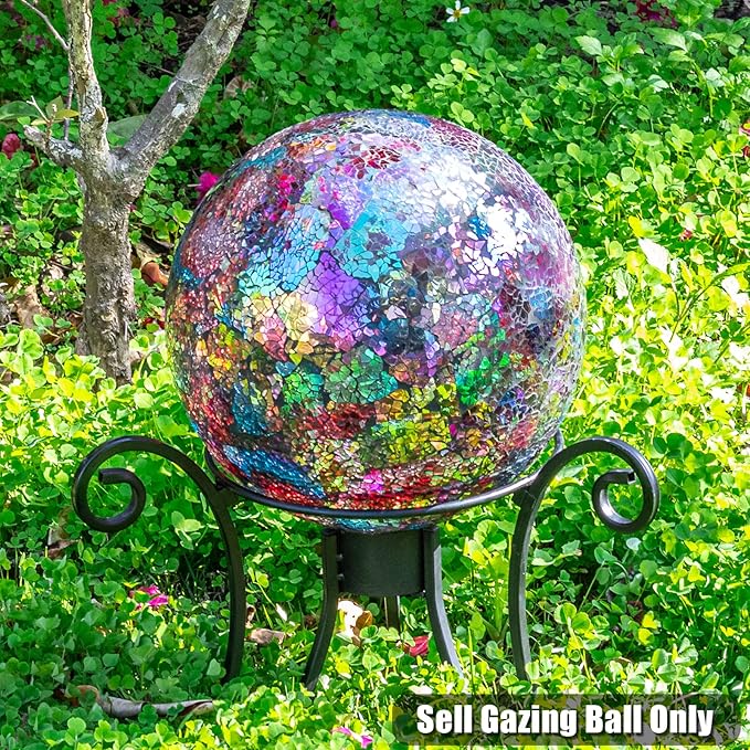 VCUTEKA Gazing Ball, Iridescent Crackled Glass Mosaic Gazing Balls Sphere for Garden Lawn Outdoor Ornament Yard Decorative, 10-Inch, Purple-Ruum Studio Home