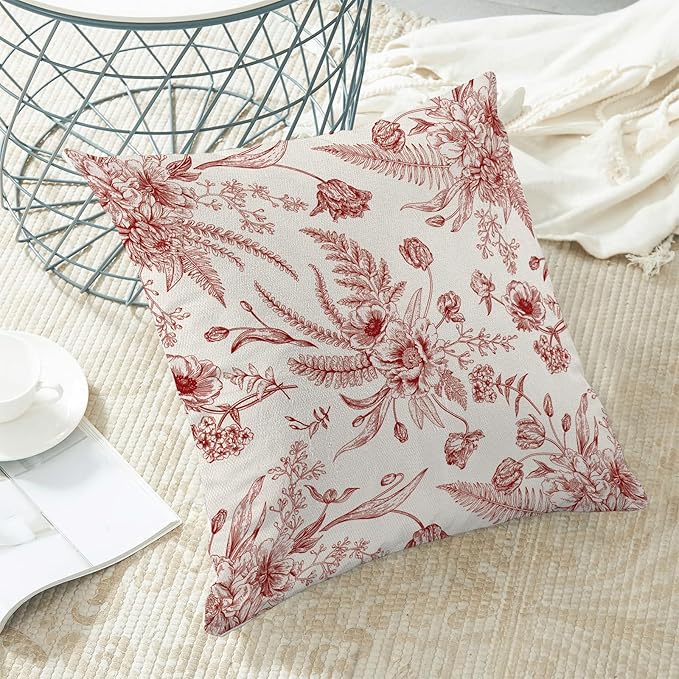 Wine Red Spring Pillow Covers 18 x 18 Inch Set of 2 for Chinoiserie Flowers Decor Throw Pillows Burgundy Floral Leaves Seasonal Plant Outdoor Decorative Cushion Cases for Couch Bed Decorations-Ruum Studio Home
