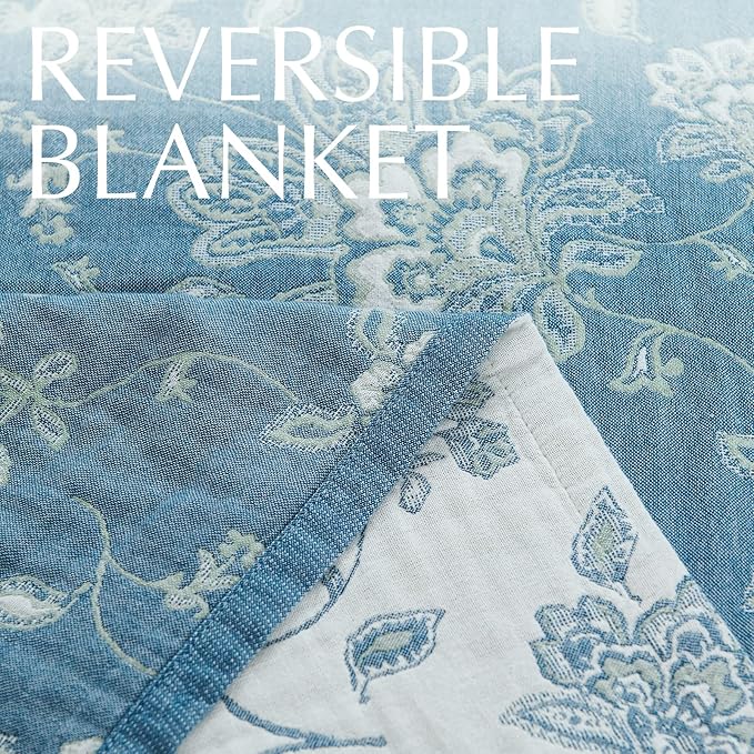 jinchan Boho 100% Cotton Muslin Twin Size 60x80 Inches Blanket Lightweight 4-Layer Quilted Soft Blue and White Floral Throw Blanket Green Accents Reversible Comfy Flower Summer Couch Bedroom Decor-Ruum Studio Home