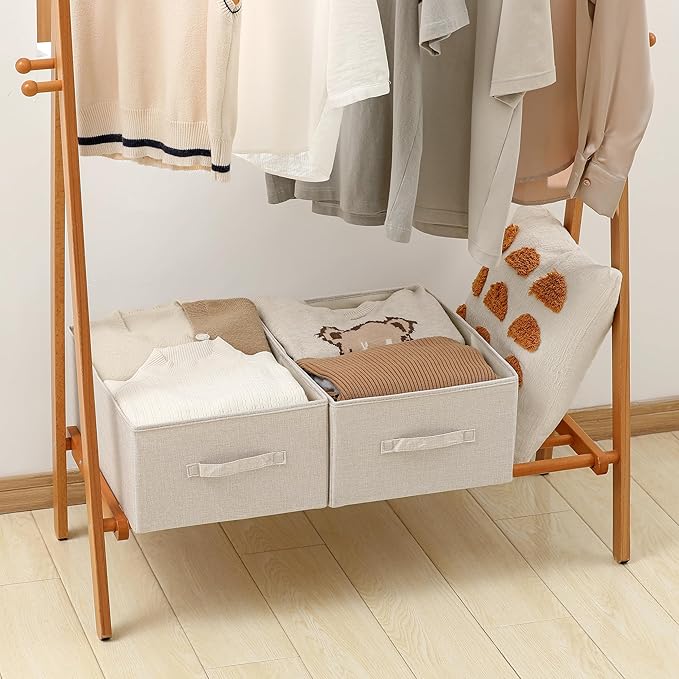 Linen Folding Storage Bins, 3 Pack Large Storage Baskets, Washable, Clothing Storage Bins with Handle, Closet Organizer for Storage Sweater,Sheets(Beige, 18½"x13½"x8½")-Ruum Studio Home