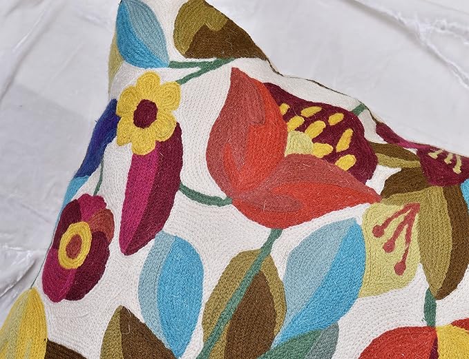 Cream Floral Pillow Cover Blue Flower Pillowcase Boho Cushion Florals Accent Throw Pillowsham Wool Hand Embroidered Size 18x18-Ruum Studio Home