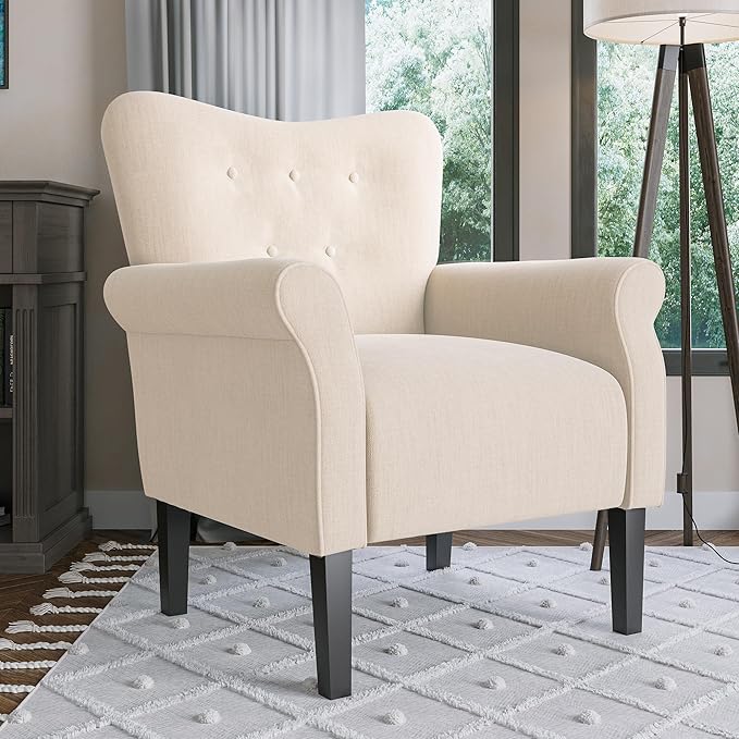 BELLEZE Modern Accent Chair, High Back Armchair, Upholstered Wingback Side Chair, Padded Single Sofa with Wooden Legs for Living Room, Bedroom - Beige-Ruum Studio Home