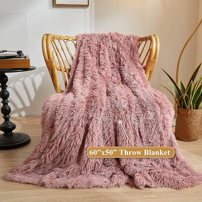 XeGe Plush Faux Fur Throw, Dusty Pink Luxurious 50x60 Shaggy Furry Blanket, Fluffy Microfiber Velvet Couch Throw, Ultra Soft Warm Fuzzy Lap Blanket for Sofa Bed Chair Car Office, Dusty Pink-Ruum Studio Home