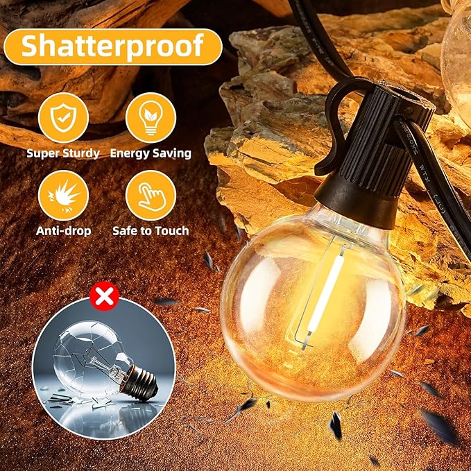 50FT G40 LED String Lights with 25 Shatterproof Bulbs (2 Spares), E12 Sockets, 2700K Warm White, eatherproof Patio Lighting for Garden,Backyard,Party,Wedding,Porch,Deck,Gazebo,Bistro,Camping-Ruum Studio Home