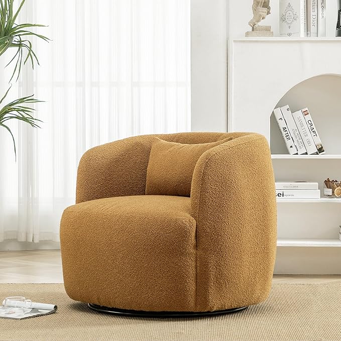 KINWELL 34" Wide Boucle Swivel Barrel Chair, No Assembly Round Upholstered Armchair Accent Chair Single Sofa Chair with Toss Pillow for Living Room and Bedroom, Brown-Ruum Studio Home