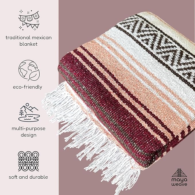 Traditional Handwoven Mexican Blanket, Large Falsa Serape - Soft & Durable Yoga Blanket - Vibrant Beach, Picnic & Camping Blanket - Lightweight Boho Throw 70"x50"-Ruum Studio Home