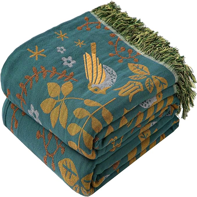 Boho Throw Blanket Full Size, Extra Large Soft Cozy Cotton Muslin Quilt Blanket for Bed Decor, Bird Patterned Couch Sofa Chair Cover, Vintage Farmhouse Cottage Woven Blanket, Green&Beige-Ruum Studio Home