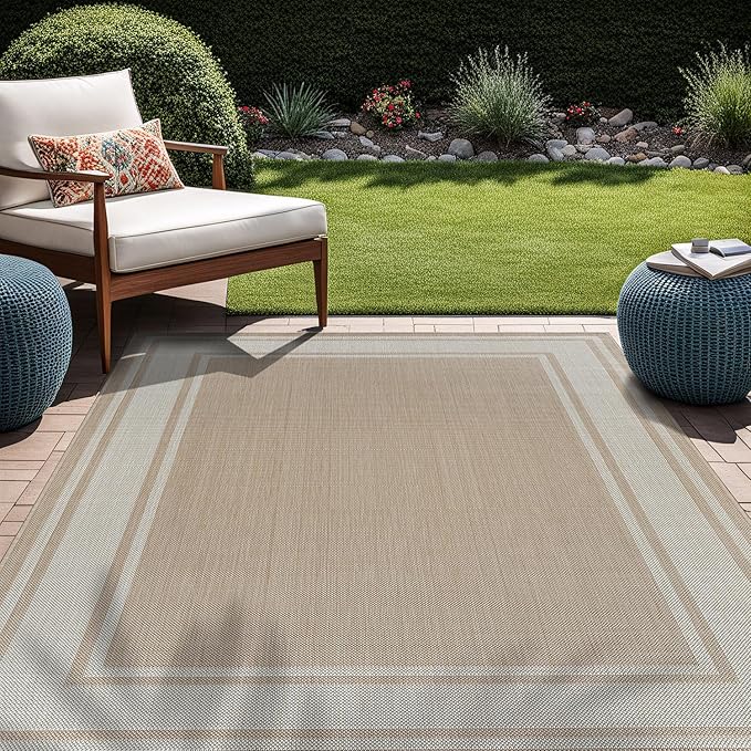 Beverly Rug Large Outdoor Rug 10x14 Modern Bordered Area Rugs for Indoor and Outdoor Patio Deck Porch Garden Waterproof Weather Sun Resistant Washable Outside Carpet (10 x 14 Beige)-Ruum Studio Home