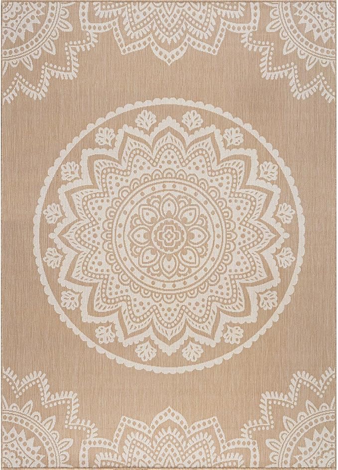 CAMILSON Outdoor Rug 5x7 Modern Area Rugs for Indoor and Outdoor Patios and Porches - Waterproof, Washable, Non-Shedding, Easy-to-Clean Outside Carpet (5 x 7, Medallion - Beige/White)-Ruum Studio Home