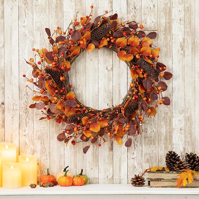 Glitzhome 22" D Fall Eucalyptus Berry Wreath, Artificial Wreaths Rustic Hanging Ornaments for Fall Front Door Wall Decor-Ruum Studio Home