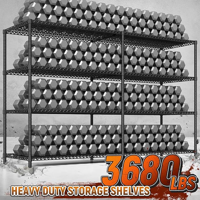 REIBII 81.5''W Storage Shelves 3680LBS Garage Shelving Heavy Duty 4 Tier Metal Shelving Unit Adjustable Wire Shelf and Storage Pantry Shelves for Kitchen Garage，81.5Wx23.62Dx70.86H，Black-Ruum Studio Home