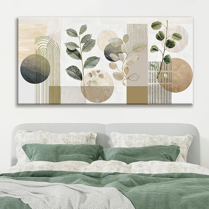 TAIJXAGSG Large Boho Green Wall Art For Living Room 29x58 In Green Botanical Boho Wall Art Modern Sage Bohemian Canvas Art Wall Decor Natural Abstract Geometry Lines Prints Picture Ready To Hang-Ruum Studio Home