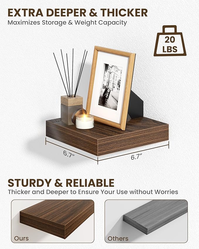 Marsmiles 6.7" Floating Shelves for Wall, Wooden Shelves with Invisible Brackets Set of 2, Rustic Farmhouse Wall Mounted Shelf for Kitchen Bathroom Living Room Study, Walnut-Ruum Studio Home