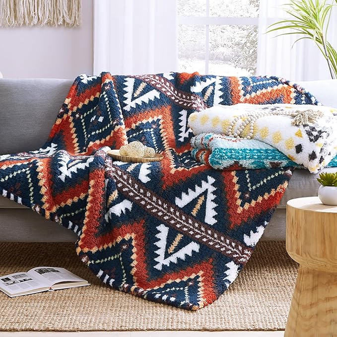 CASAAGUSTO Boho Sherpa Blanket, Aztec Twin Blanket, Ultra Soft, Warm, Cozy, Plush, Thick Fleece Western Blanket for Couch, Bed, Sofa (Navy Blue 60 * 80 Inch)-Ruum Studio Home