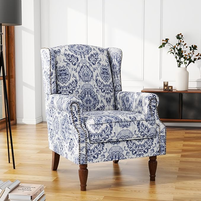 UIXE Floral Accent Chair, High Back Pattern Arm Chair for Living Room, Traditional Fabric Armchair Comfy Upholstered Sofa Reading Seat with Nailhead Trim & Retro Wood Legs - Navy-Ruum Studio Home