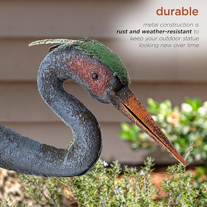 Alpine Corporation 30" Tall Outdoor Rustic Metal Bowing Crane Statue Yard Art Decoration-Ruum Studio Home