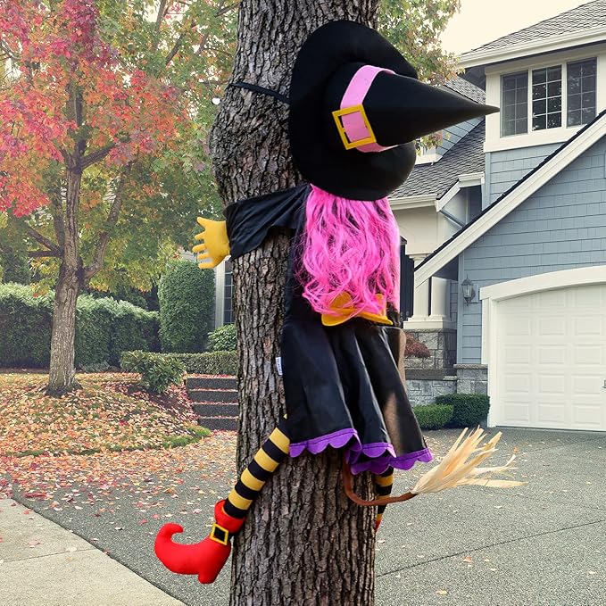 POPGIFTU 51" Halloween Crashing Witch Decoration – Pink Flying Witch for Tree, Yard, Porch, and Indoor Outdoor Halloween Décor-Ruum Studio Home