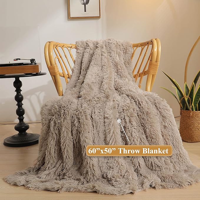 XeGe Luxury Faux Fur Throw, Soft 50x60 Fluffy Blanket, Shaggy Plush Decorative Couch Blanket, Winter Fall Cute Fuzzy Furry Lap Throw for Office Bedroom Living Room Khaki-Ruum Studio Home