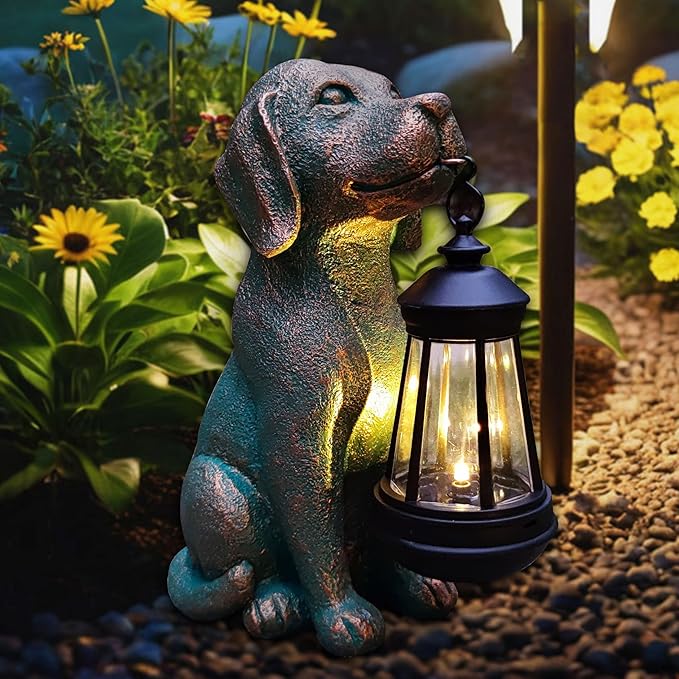 Dog Garden Statue Outdoor Décor with Solar Lights Lantern,Dog Solar Light Figurines Outside Decorations for Yard，Lawn ,Patio, Balcony, Unique Housewarming Gifts-Ruum Studio Home