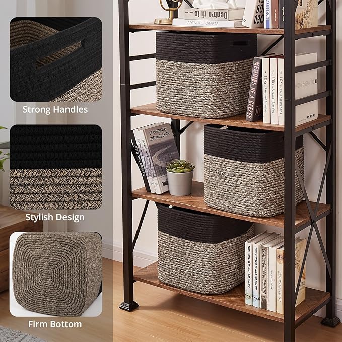 OIAHOMY 13 Kallax Inch Cube Storage Bins, 3-Pack Cotton Rope Woven Baskets for Organizing, Kallax Insert Storage Baskets for Shelves, Baby Nursery, Closet Organizer, 13*13*12.6IN, Black & Mixed Brown-Ruum Studio Home