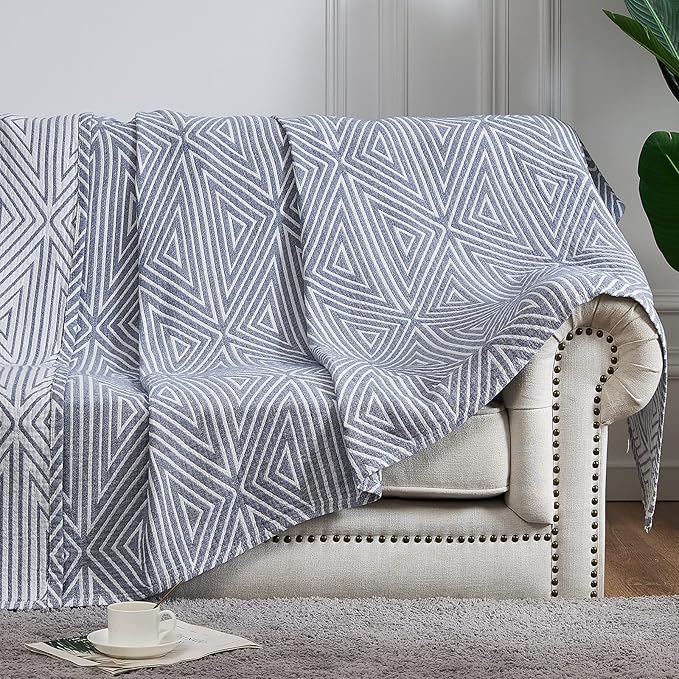 JINCHAN Boho 100% Cotton Blanket Muslin Twin Size 60x80 Inches Lightweight 3-Layer Geometric Triangle Striped Pattern Reversible Quilt Throw Soft Breathable Comfy All Seasons for Couch Bed Decor, Blue-Ruum Studio Home