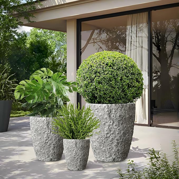 Craft flowerpots 16"+12"+10" Dia Round Concrete Planter Set of 3 Large Outdoor/Indoor Planter Pots Containers with Drainage Holes and Rubber Plug for Home Garden (Grey, Large)-Ruum Studio Home