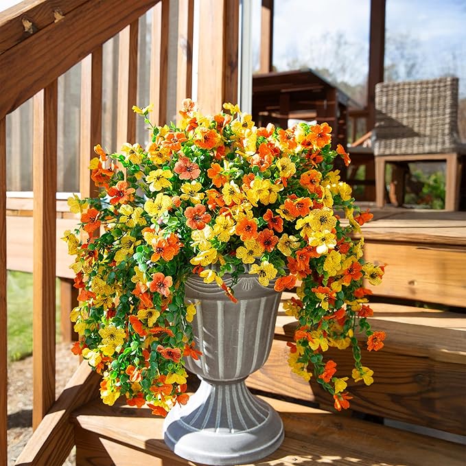 INSPRING Artificial Flowers for Outdoors Fake Mums Hanging Plants Decor, 2Pcs Silk Daisy with Eucalyptus UV Resistant Look Real Trailing Vines for Planter Front Door Patio Yard, OrangeYellow-Ruum Studio Home