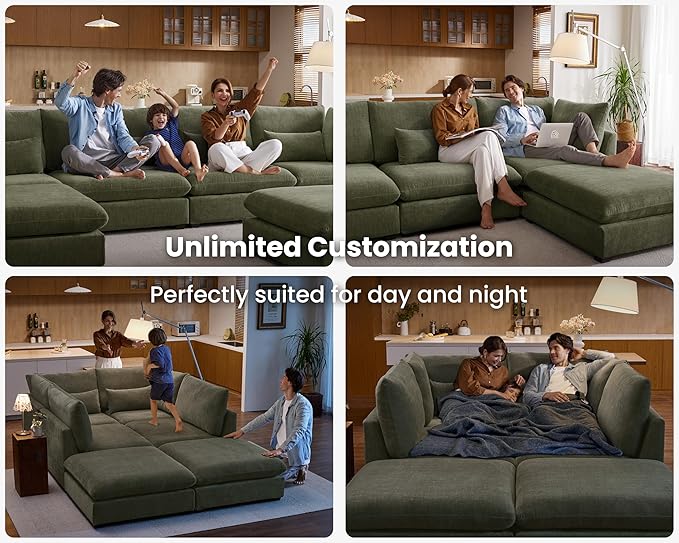 Oversized Modular Sofa, Extra Deep Cloud Chenille Sectional Couch with Ottoman Chaise, Fluffy Chenille 2 Seater Sofa Bed for Living Room, Villa (Loveseat Sofa, Chenille Green)-Ruum Studio Home