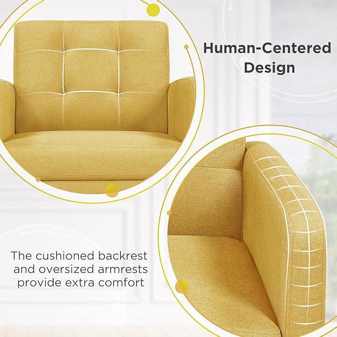 Yaheetech Mid-Century Accent Chairs, Modern Upholstered Living Room Chair, Cozy Armchair Button Tufted Back and Wood Legs for Bedroom/Office/Cafe, Set of 2, Yellow-Ruum Studio Home