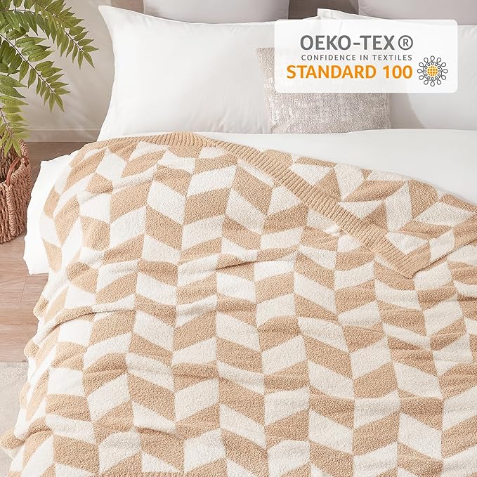 Snuggle Sac Chevron Throw Blanket for Couch, Reversible Super Soft Warm Blankets Cozy Knit Fuzzy Plush Lightweight Throws for Sofa, Bed, Camping, Beige,50x60 inches-Ruum Studio Home
