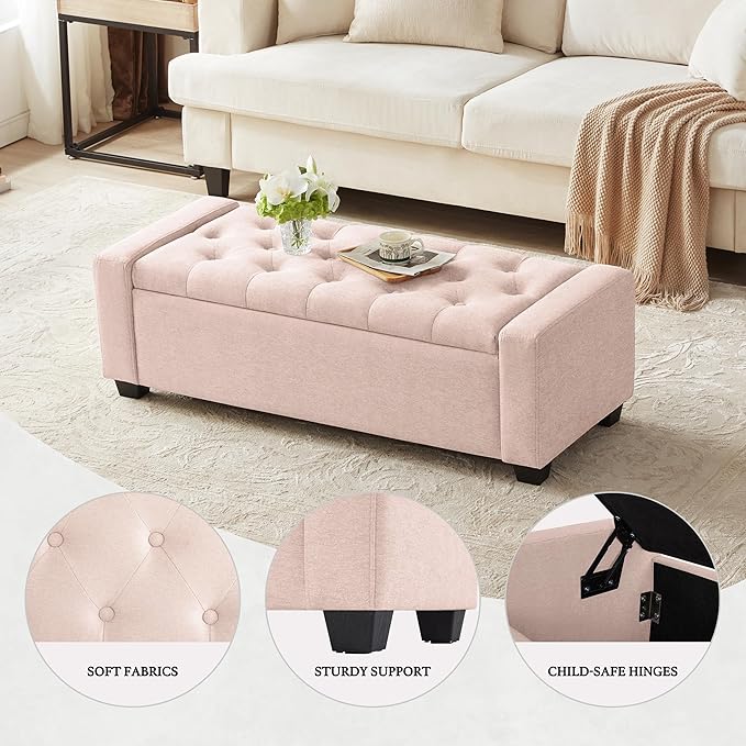 48" Ottoman with Storage, Pink Storage Ottoman Bench with Safety Hinge, Upholstered Entryway Bench with Seating for Bedroom, Living Room, Holds up to 330 lb-Ruum Studio Home