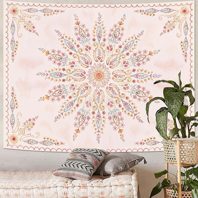 Fowocu Boho Floral Mandala Tapestry for Bedroom Aesthetic Pink Bohemian Flower Wall Tapestry Watercolor Hippie Indian Large Tapestries Wall Hanging for Living Room Dorm Decor 80 x 60 Inch-Ruum Studio Home